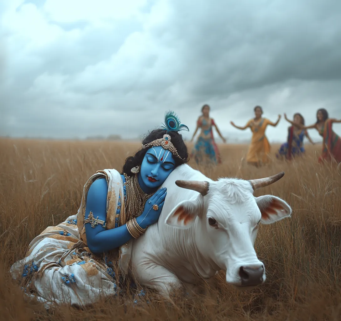 Krishna enlaçant une vache blanche dans un champ, des danseuses en arrière-plan