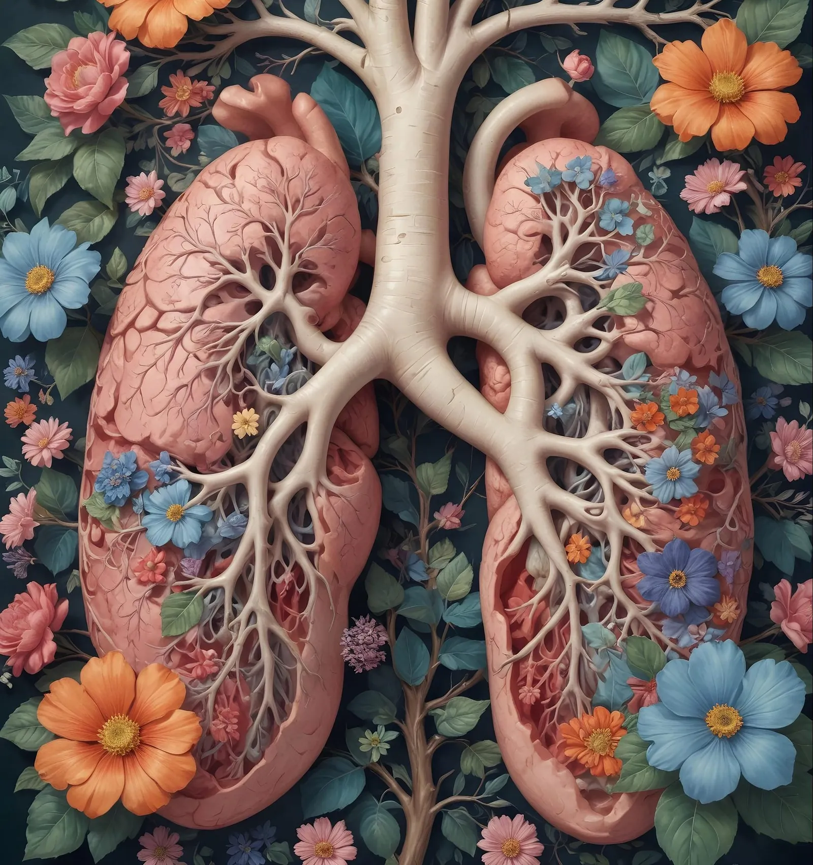 Illustration de poumons en forme d'arbre entourés de fleurs