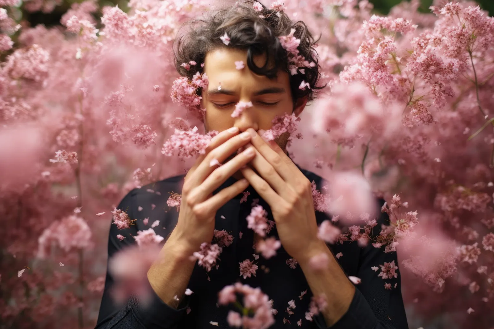Jeune homme qui respire au milieu de fleurs roses