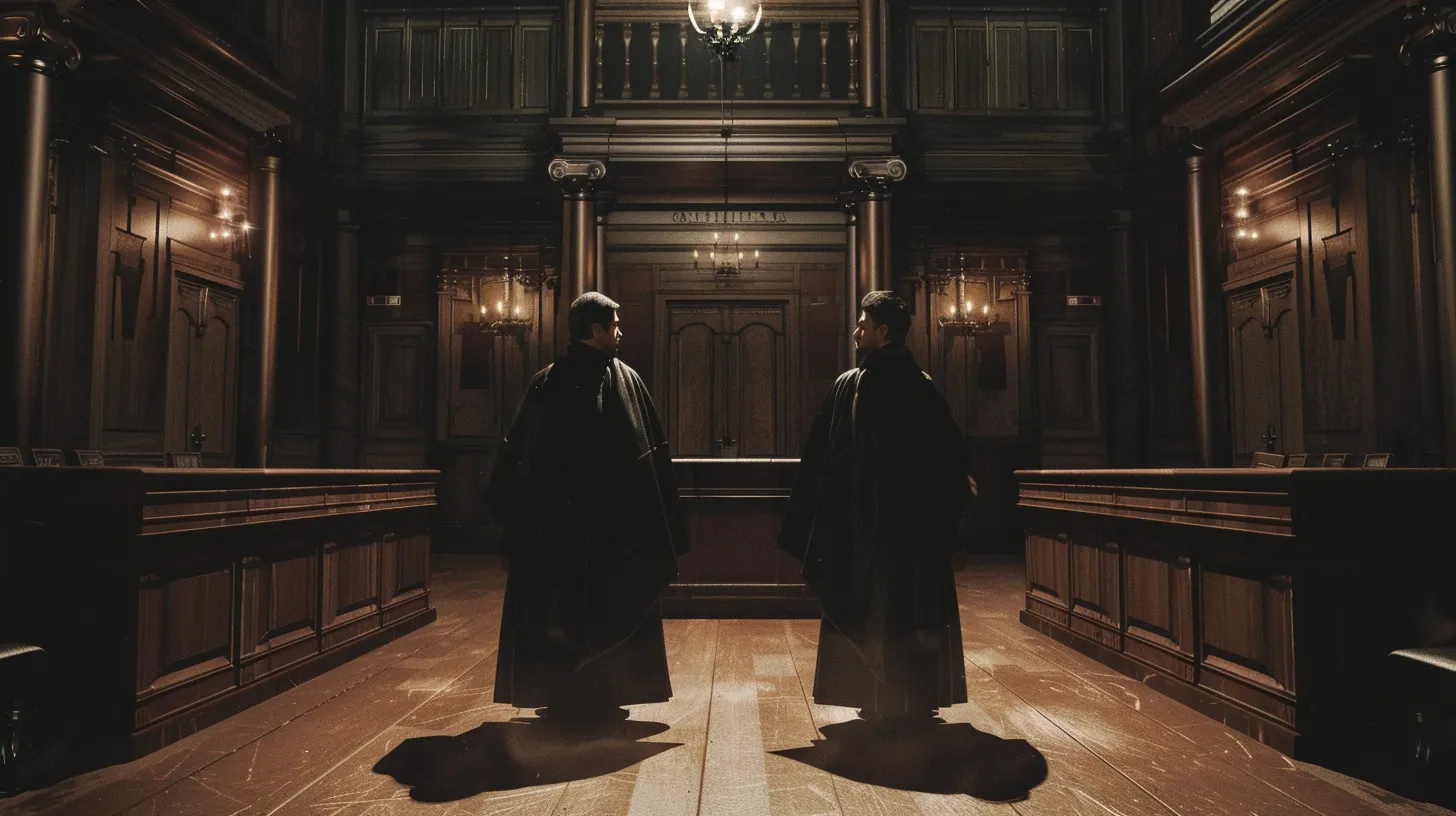 Deux silhouettes en robe de juge se faisant face dans un tribunal sombre