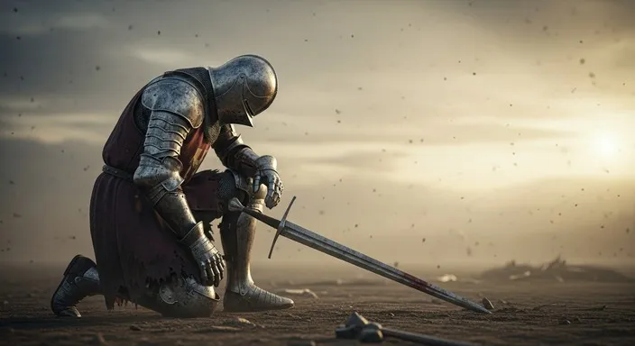 Chevalier en armure agenouillé sur un champ de bataille, son épée posée au sol