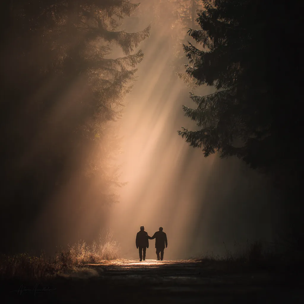 Deux personnes marchant dans une forêt traversée de rayons de lumière