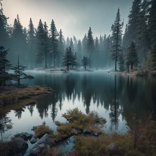Lac de montagne paisible bordé de sapins dans la brume