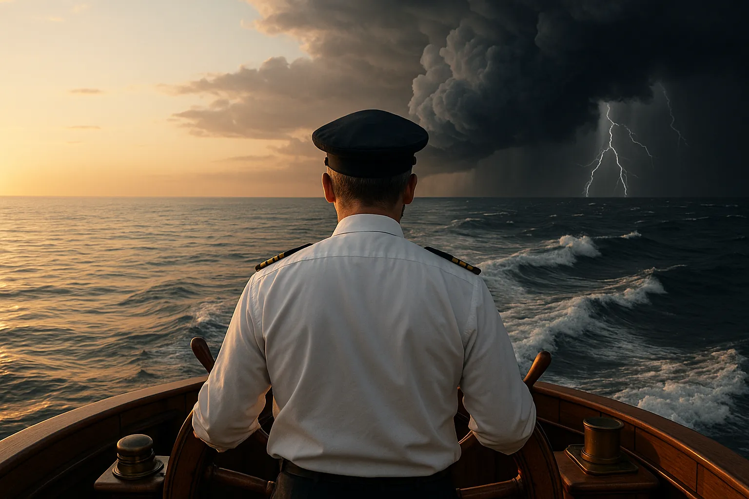 Capitaine à la barre d'un bateau face à une mer agitée et un orage
