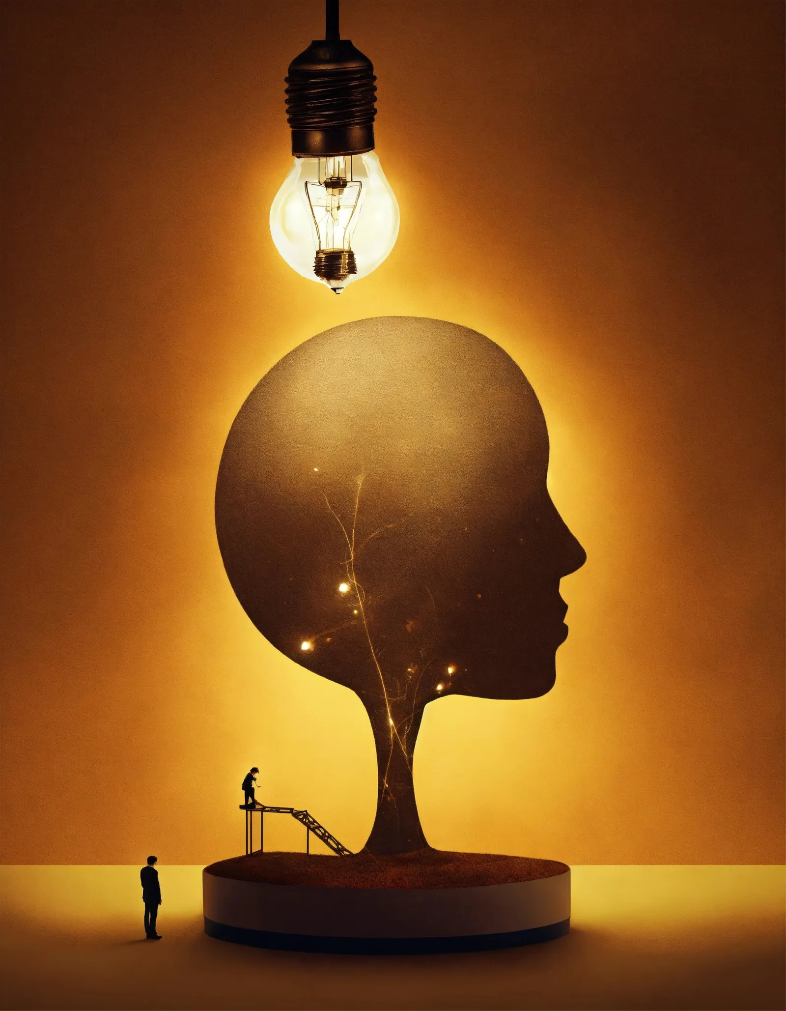 Profil d'une tête d'où pousse un arbre éclairé par une ampoule, une petite silhouette au pied