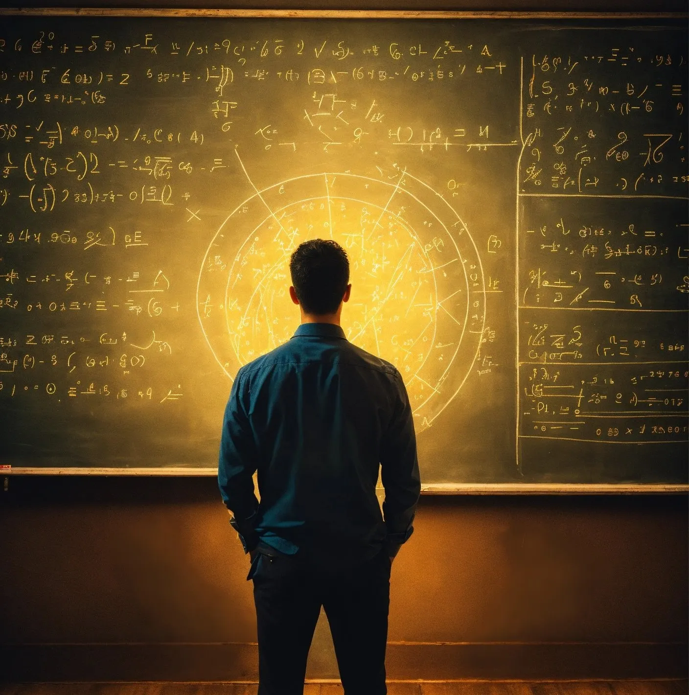 Homme de dos face à un tableau couvert d'équations lumineuses