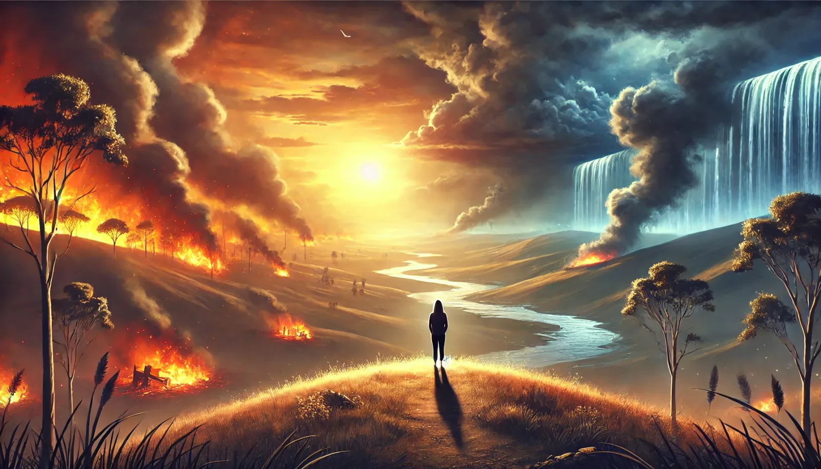 Paysage entre incendie et cascade, une silhouette marchant sur le chemin entre les deux
