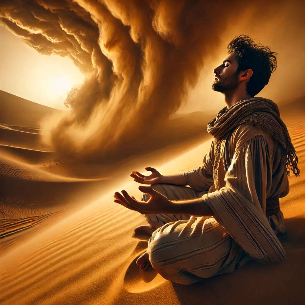 Voyageur méditant dans le désert face à une tempête de sable