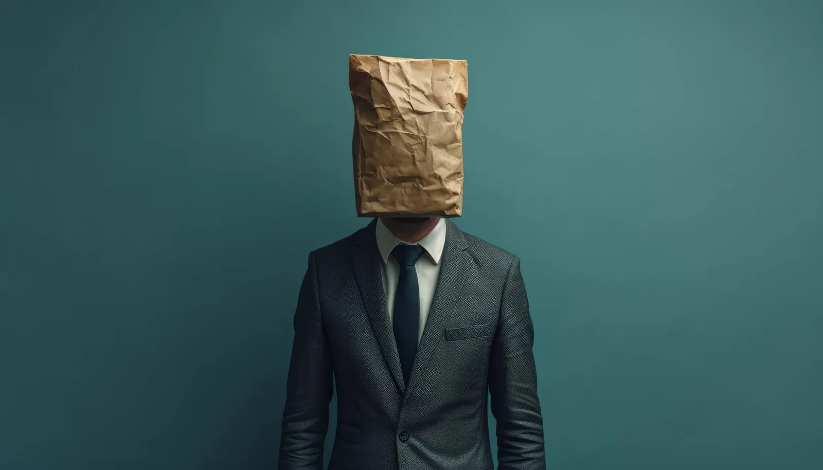 Homme en costume, la tête cachée par un sac en papier