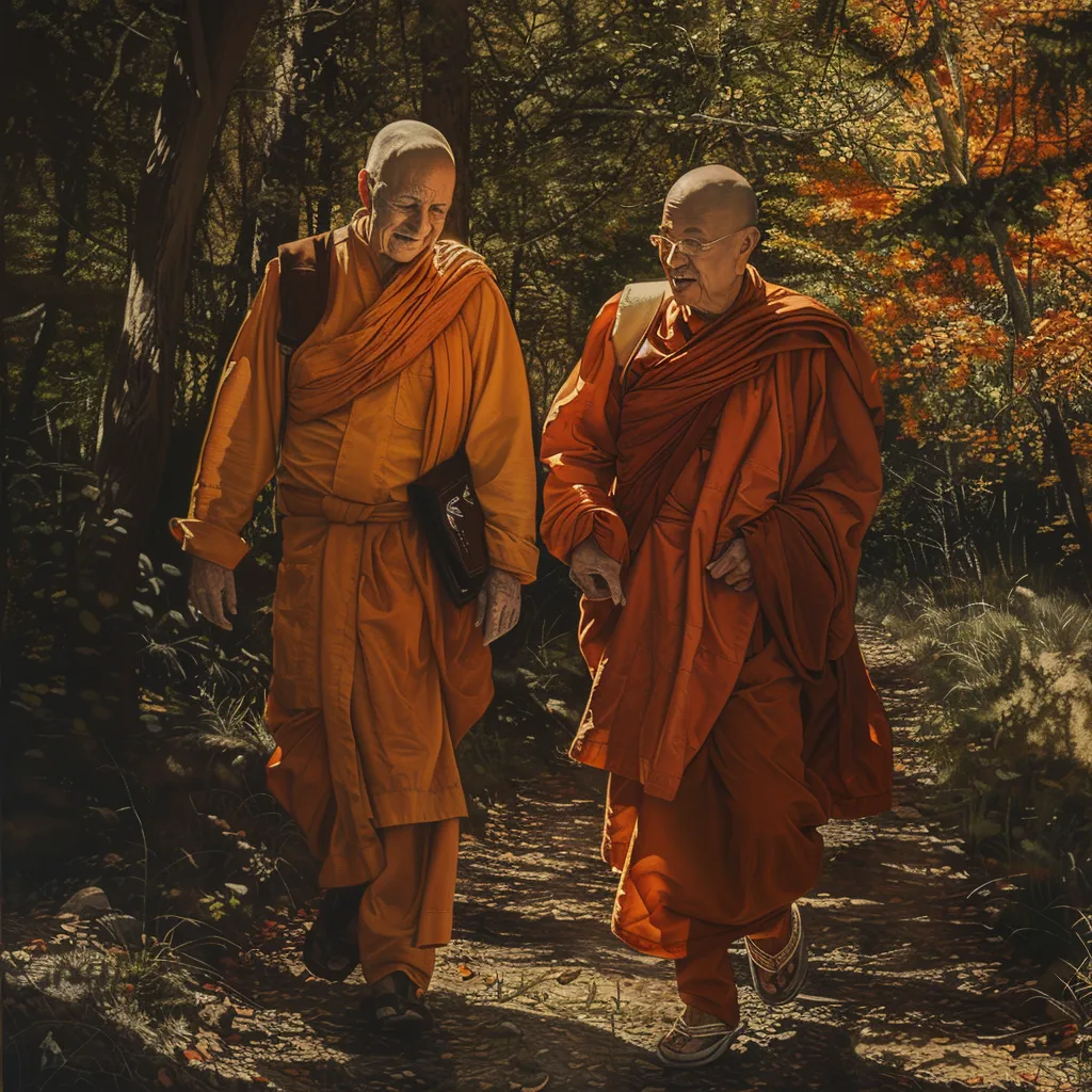 Deux moines bouddhistes en robe orange marchant en riant sur un sentier forestier